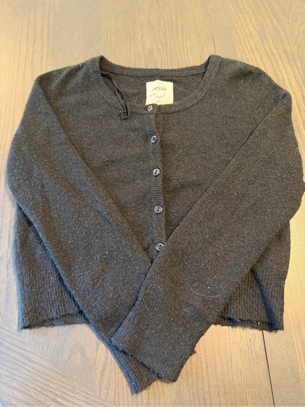 aerie Black Button-Up Crewneck Cardigan